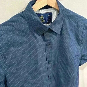 Rugby University Men’s Short Sleeve Button Down Shirt Blue White Dots Size M